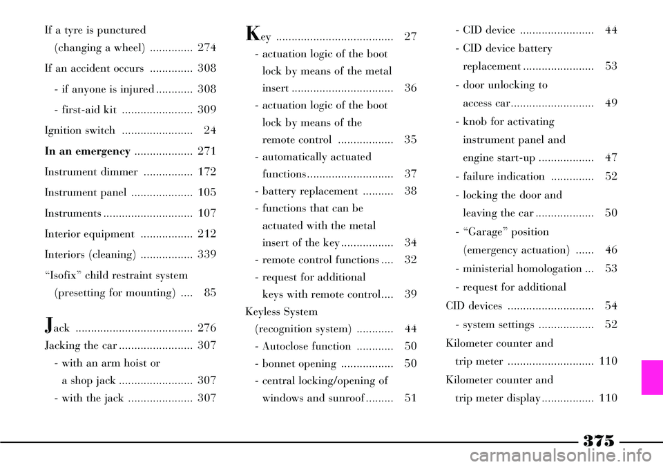 Lancia Thesis 2007  Owner handbook (in English) 375
If a tyre is punctured
(changing a wheel)  .............. 274
If an accident occurs  .............. 308
- if anyone is injured ............ 308
- first-aid kit  ....................... 309
Ignitio