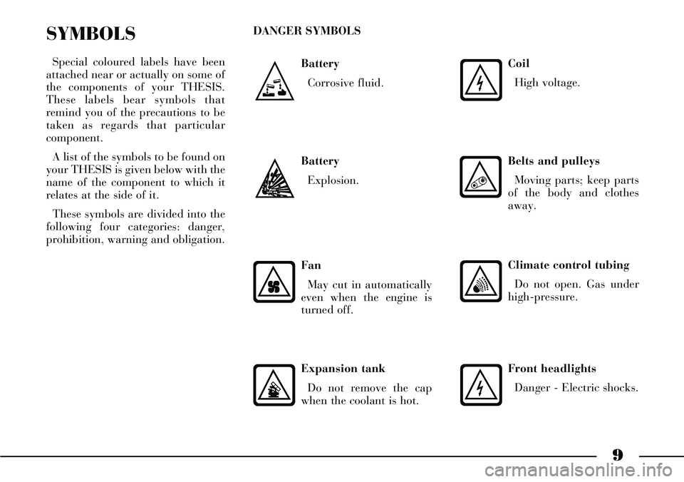 Lancia Thesis 2007  Owner handbook (in English) 9
Battery
Corrosive fluid.
SYMBOLS
Special coloured labels have been
attached near or actually on some of
the components of your THESIS.
These labels bear symbols that
remind you of the precautions to