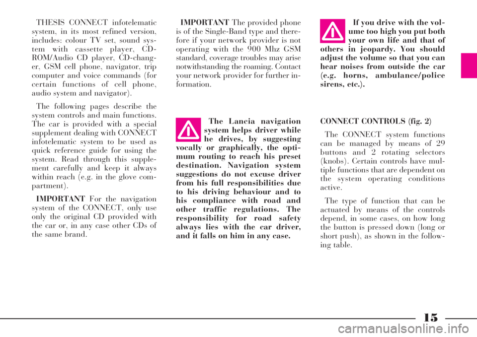 Lancia Thesis 2008  Owner handbook (in English) 15
THESIS CONNECT infotelematic
system, in its most refined version,
includes: colour TV set, sound sys-
tem with cassette player, CD-
ROM/Audio CD player, CD-chang-
er, GSM cell phone, navigator, tri