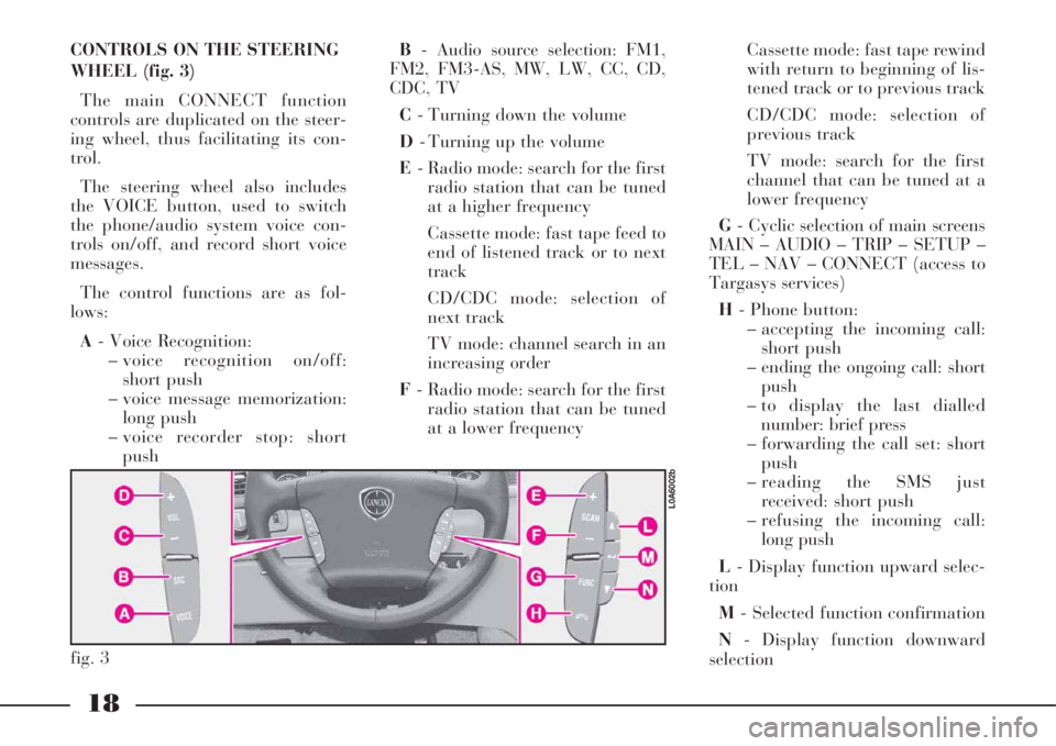 Lancia Thesis 2008  Owner handbook (in English) 18
CONTROLS ON THE STEERING
WHEEL (fig. 3) 
The main CONNECT function
controls are duplicated on the steer-
ing wheel, thus facilitating its con-
trol.
The steering wheel also includes
the VOICE butto