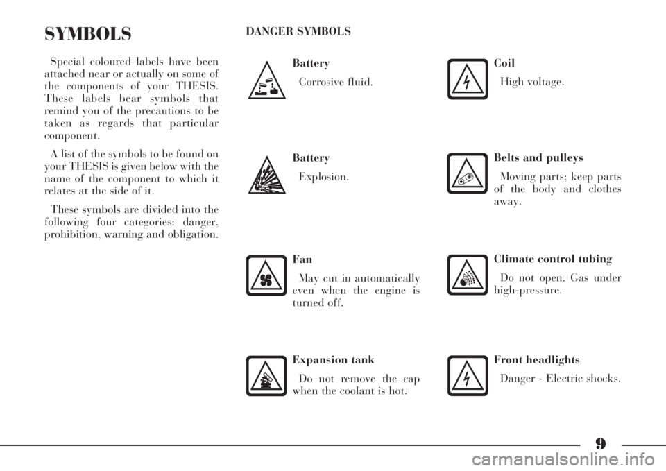 Lancia Thesis 2009  Owner handbook (in English) 9
Battery
Corrosive fluid.
SYMBOLS
Special coloured labels have been
attached near or actually on some of
the components of your THESIS.
These labels bear symbols that
remind you of the precautions to