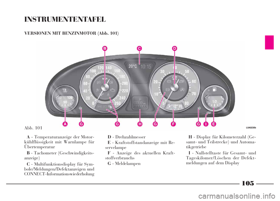 Lancia Thesis 2007  Betriebsanleitung (in German) INSTRUMENTENTAFEL
VERSIONEN MIT BENZINMOTOR (Abb. 101)
A- Temperaturanzeige der Motor-
kühlflüssigkeit mit Warnlampe für
Übertemperatur
B- Tachometer (Geschwindigkeits-
anzeige)
C- Multifunktionsd