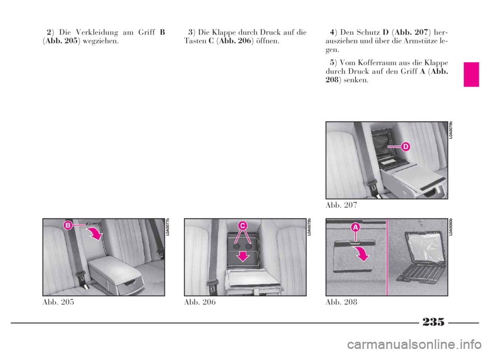 Lancia Thesis 2007  Betriebsanleitung (in German) 235
235NeroMagenta = pantone 032603 45 739 Thesis TED
2) Die Verkleidung am Griff B
(Abb. 205) wegziehen.3) Die Klappe durch Druck auf die
TastenC(Abb. 206) öffnen.4) Den Schutz D(Abb. 207) her-
ausz