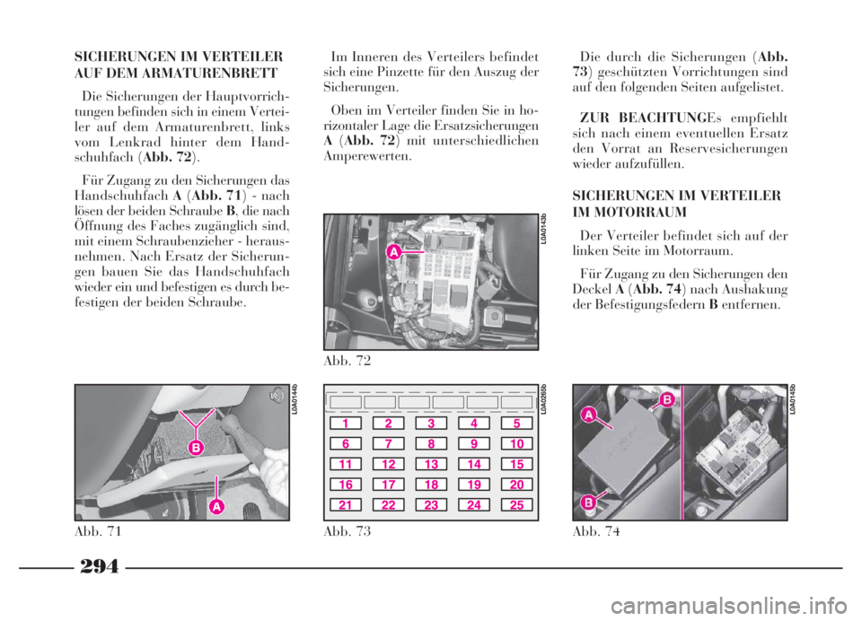 Lancia Thesis 2007  Betriebsanleitung (in German) 294
SICHERUNGEN IM VERTEILER
AUF DEM ARMATURENBRETT
Die Sicherungen der Hauptvorrich-
tungen befinden sich in einem Vertei-
ler auf dem Armaturenbrett, links
vom Lenkrad hinter dem Hand-
schuhfach (Ab