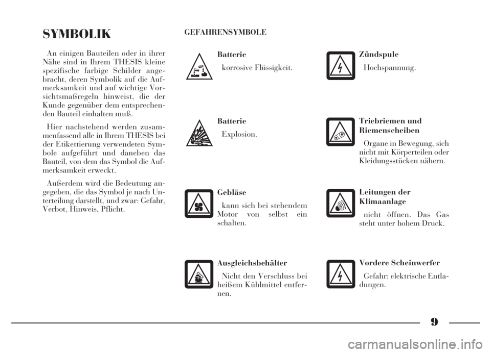 Lancia Thesis 2007  Betriebsanleitung (in German) 9
Batterie
korrosive Flüssigkeit.
SYMBOLIK
An einigen Bauteilen oder in ihrer
Nähe sind in Ihrem THESIS kleine
spezifische farbige Schilder ange-
bracht, deren Symbolik auf die Auf-
merksamkeit und 