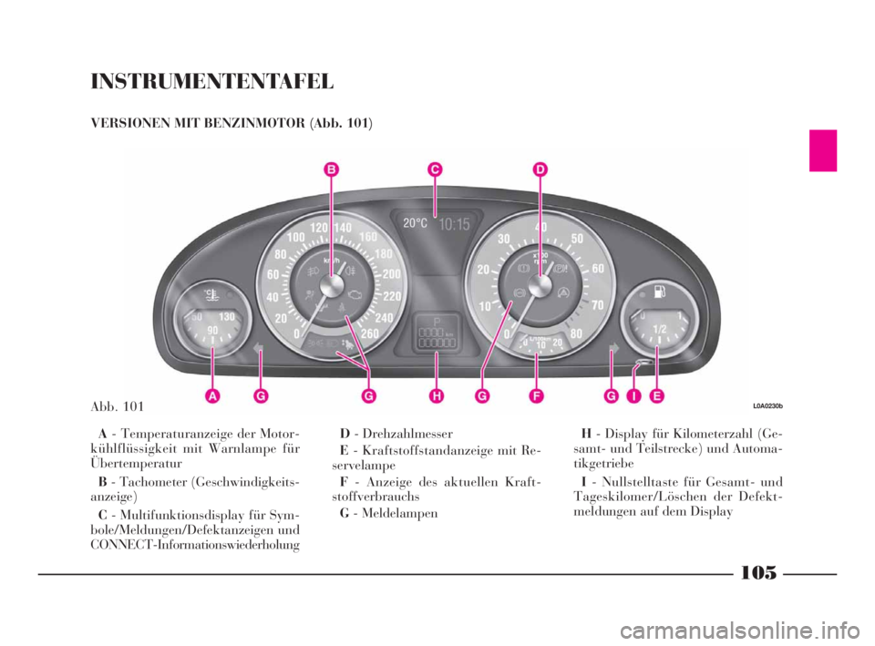 Lancia Thesis 2008 Betriebsanleitung (in German) INSTRUMENTENTAFEL
VERSIONEN MIT BENZINMOTOR (Abb. 101)
A- Temperaturanzeige der Motor-
kühlflüssigkeit mit Warnlampe für
Übertemperatur
B- Tachometer (Geschwindigkeits-
anzeige)
C- Multifunktionsd Lancia Thesis 2008 Betriebsanleitung (in German) INSTRUMENTENTAFEL
VERSIONEN MIT BENZINMOTOR (Abb. 101)
A- Temperaturanzeige der Motor-
kühlflüssigkeit mit Warnlampe für
Übertemperatur
B- Tachometer (Geschwindigkeits-
anzeige)
C- Multifunktionsd