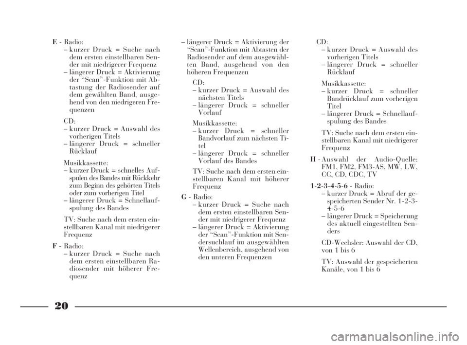 Lancia Thesis 2008  Betriebsanleitung (in German) 20
E- Radio:
– kurzer Druck = Suche nach
dem ersten einstellbaren Sen-
der mit niedrigerer Frequenz
– längerer Druck = Aktivierung
der “Scan”-Funktion mit Ab-
tastung der Radiosender auf
dem 