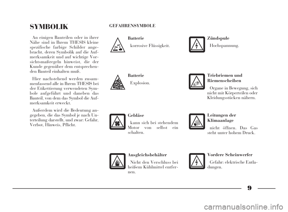 Lancia Thesis 2009  Betriebsanleitung (in German) 9
Batterie
korrosive Flüssigkeit.
SYMBOLIK
An einigen Bauteilen oder in ihrer
Nähe sind in Ihrem THESIS kleine
spezifische farbige Schilder ange-
bracht, deren Symbolik auf die Auf-
merksamkeit und 