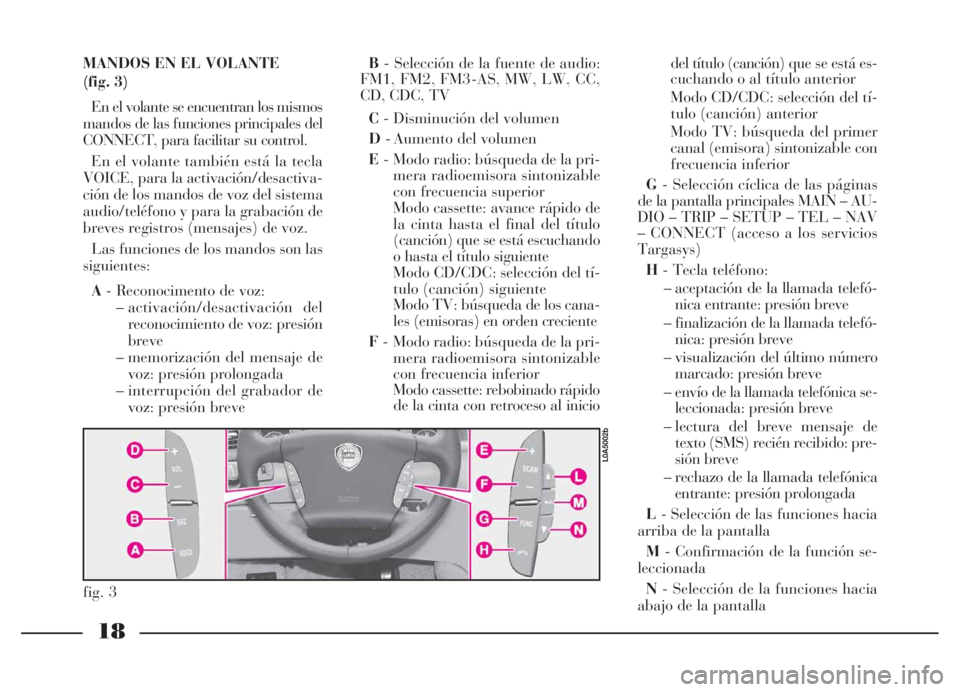 Lancia Thesis 2007  Manual de Empleo y Cuidado (in Spanish) 18
MANDOS EN EL VOLANTE 
(fig. 3) 
En el volante se encuentran los mismos
mandos de las funciones principales del
CONNECT, para facilitar su control.
En el volante también está la tecla
VOICE, para 
