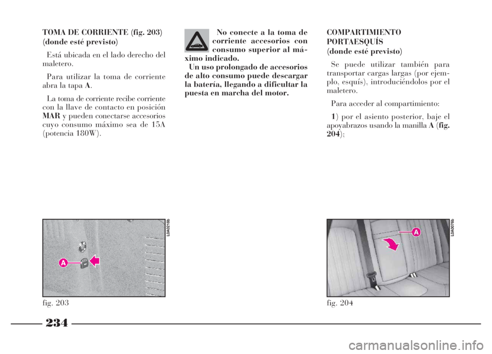 Lancia Thesis 2006  Manual de Empleo y Cuidado (in Spanish) 234
TOMA DE CORRIENTE (fig. 203)
(donde esté previsto)
Está ubicada en el lado derecho del
maletero.
Para utilizar la toma de corriente
abra la tapa A.
La toma de corriente recibe corriente
con la l