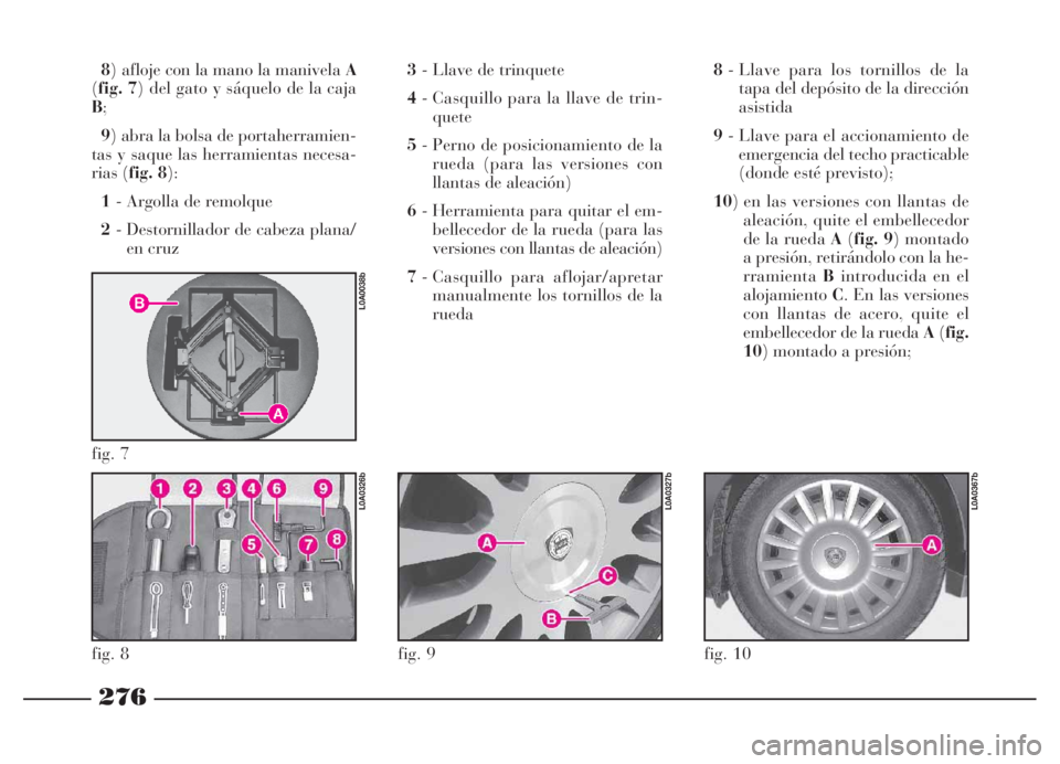 Lancia Thesis 2006 Manual de Empleo y Cuidado (in Spanish) 276
8) afloje con la mano la manivela A
(fig. 7) del gato y sáquelo de la caja
B;
9) abra la bolsa de portaherramien-
tas y saque las herramientas necesa-
rias (fig. 8):
1- Argolla de remolque
2- Des Lancia Thesis 2006 Manual de Empleo y Cuidado (in Spanish) 276
8) afloje con la mano la manivela A
(fig. 7) del gato y sáquelo de la caja
B;
9) abra la bolsa de portaherramien-
tas y saque las herramientas necesa-
rias (fig. 8):
1- Argolla de remolque
2- Des