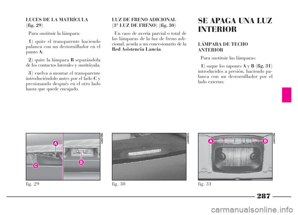 Lancia Thesis 2006  Manual de Empleo y Cuidado (in Spanish) 287
LUCES DE LA MATRÍCULA 
(fig. 29)
Para sustituir la lámpara:
1) quite el transparente haciendo
palanca con un destornillador en el
puntoA;
2) quite la lámpara Bseparándola
de los contactos late
