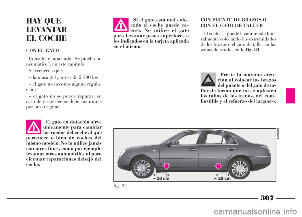 Lancia Thesis 2006  Manual de Empleo y Cuidado (in Spanish) 307
CON PUENTE DE BRAZOS O
CON EL GATO DE TALLER 
El coche se puede levantar sólo late-
ralmente colocando las extremidades
de los brazos o el gato de taller en las
zonas ilustradas en la fig. 84. Si