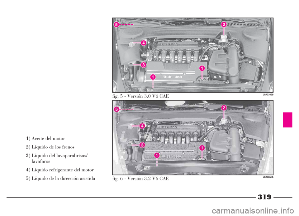 Lancia Thesis 2006 Manual de Empleo y Cuidado (in Spanish) 319
L0A0342b
L0A0358b
fig. 5 - Versión 3.0 V6 CAE
fig. 6 - Versión 3.2 V6 CAE 1) Aceite del motor
2) Líquido de los frenos
3) Líquido del lavaparabrisas/
lavafaros
4) Líquido refrigerante del mo Lancia Thesis 2006 Manual de Empleo y Cuidado (in Spanish) 319
L0A0342b
L0A0358b
fig. 5 - Versión 3.0 V6 CAE
fig. 6 - Versión 3.2 V6 CAE 1) Aceite del motor
2) Líquido de los frenos
3) Líquido del lavaparabrisas/
lavafaros
4) Líquido refrigerante del mo