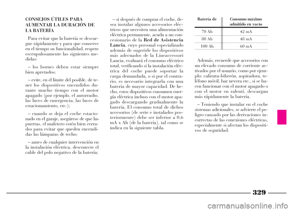 Lancia Thesis 2006 Manual de Empleo y Cuidado (in Spanish) 329
CONSEJOS ÚTILES PARA
AUMENTAR LA DURACIÓN DE
LA BATERÍA
Para evitar que la batería se descar-
gue rápidamente y para que conserve
en el tiempo su funcionalidad, respete
escrupulosamente las s Lancia Thesis 2006 Manual de Empleo y Cuidado (in Spanish) 329
CONSEJOS ÚTILES PARA
AUMENTAR LA DURACIÓN DE
LA BATERÍA
Para evitar que la batería se descar-
gue rápidamente y para que conserve
en el tiempo su funcionalidad, respete
escrupulosamente las s