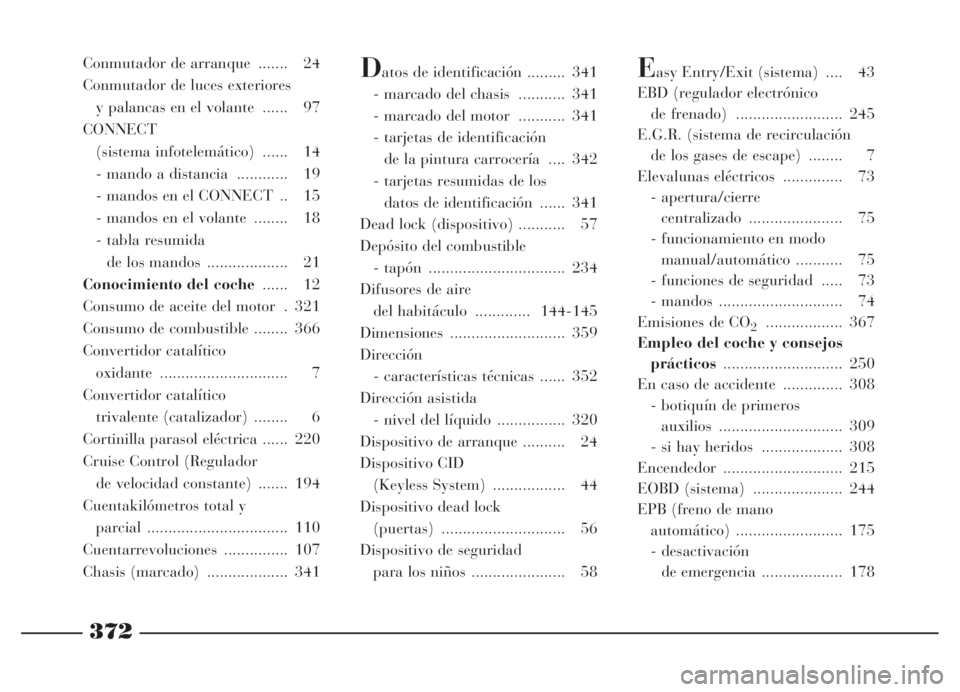 Lancia Thesis 2006  Manual de Empleo y Cuidado (in Spanish) 372
Conmutador de arranque  ....... 24 
Conmutador de luces exteriores
y palancas en el volante  ...... 97
CONNECT
(sistema infotelemático)  ...... 14
- mando a distancia  ............ 19
- mandos en