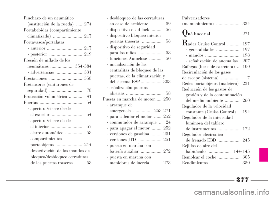 Lancia Thesis 2006  Manual de Empleo y Cuidado (in Spanish) 377
Pinchazo de un neumático
(sustitución de la rueda)  ..... 274
Portabebidas (compartimiento
climatizado) ........................ 217
Portavasos/portalatas
- anterior ............................