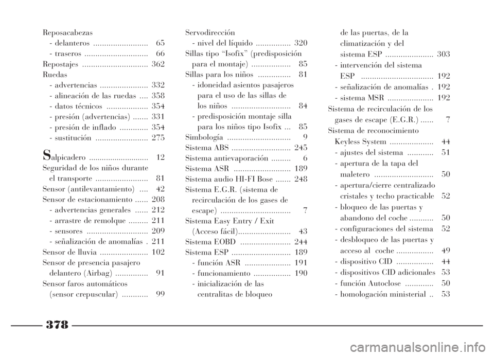Lancia Thesis 2006  Manual de Empleo y Cuidado (in Spanish) 378
Reposacabezas
- delanteros  ......................... 65
- traseros  ............................. 66
Repostajes .............................. 362
Ruedas
- advertencias ...................... 332