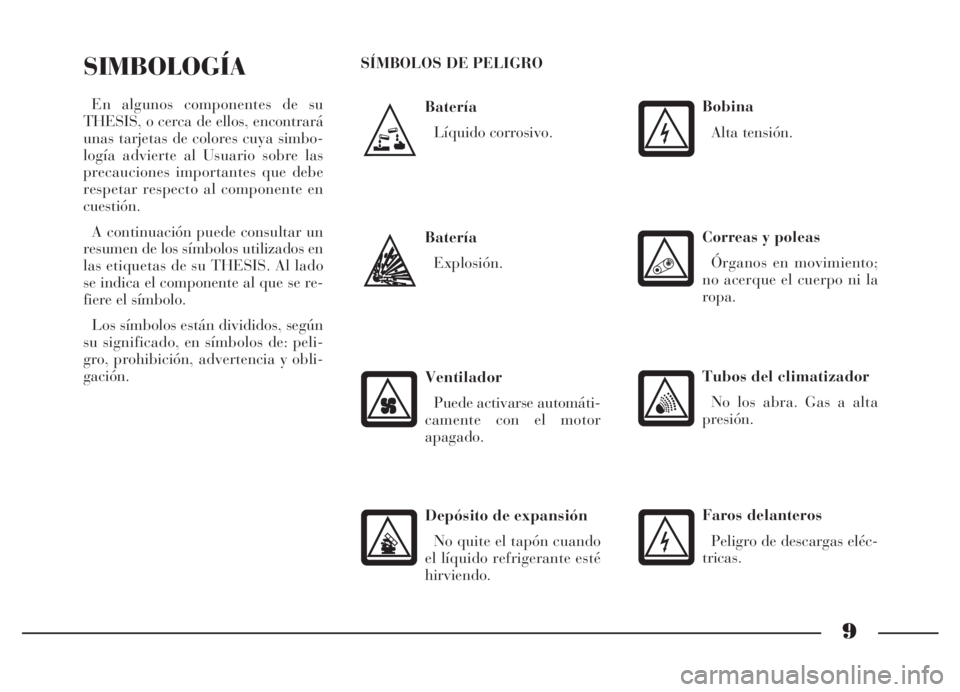 Lancia Thesis 2006  Manual de Empleo y Cuidado (in Spanish) 9
Batería
Líquido corrosivo.
SIMBOLOGÍA
En algunos componentes de su
THESIS, o cerca de ellos, encontrará
unas tarjetas de colores cuya simbo-
logía advierte al Usuario sobre las
precauciones imp