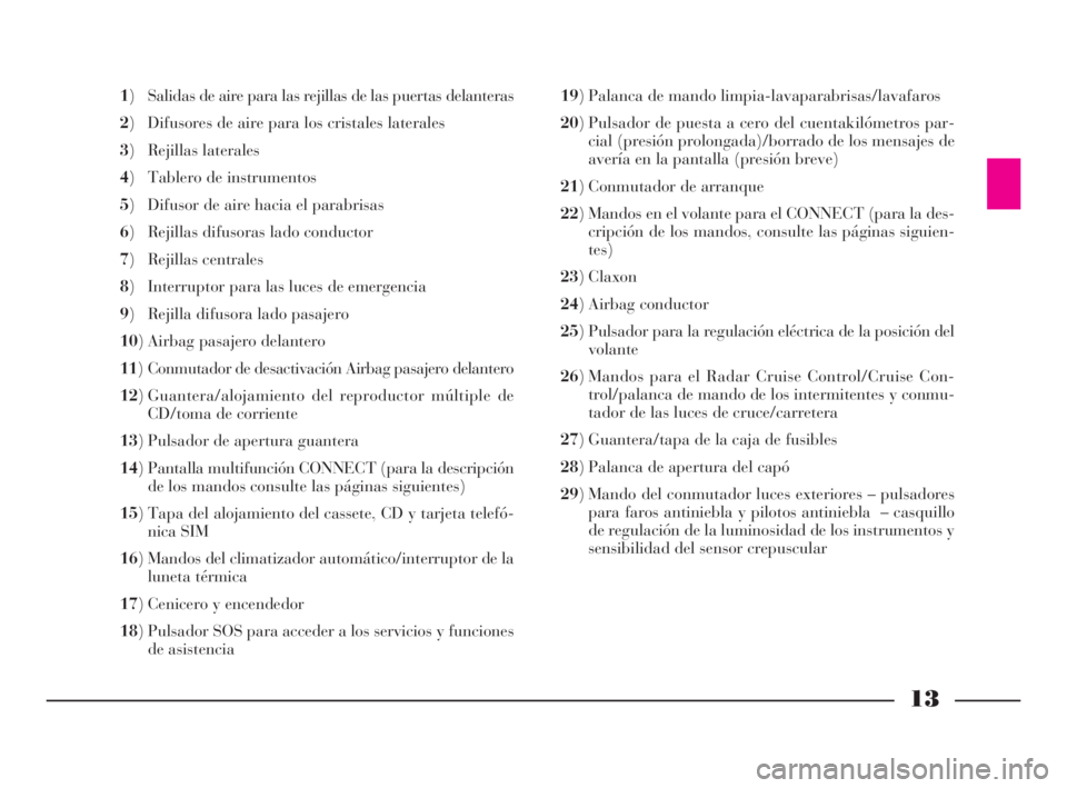 Lancia Thesis 2009 Manual de Empleo y Cuidado (in Spanish) 13
1) Salidas de aire para las rejillas de las puertas delanteras
2) Difusores de aire para los cristales laterales
3) Rejillas laterales
4) Tablero de instrumentos
5) Difusor de aire hacia el par Lancia Thesis 2009 Manual de Empleo y Cuidado (in Spanish) 13
1) Salidas de aire para las rejillas de las puertas delanteras
2) Difusores de aire para los cristales laterales
3) Rejillas laterales
4) Tablero de instrumentos
5) Difusor de aire hacia el par
