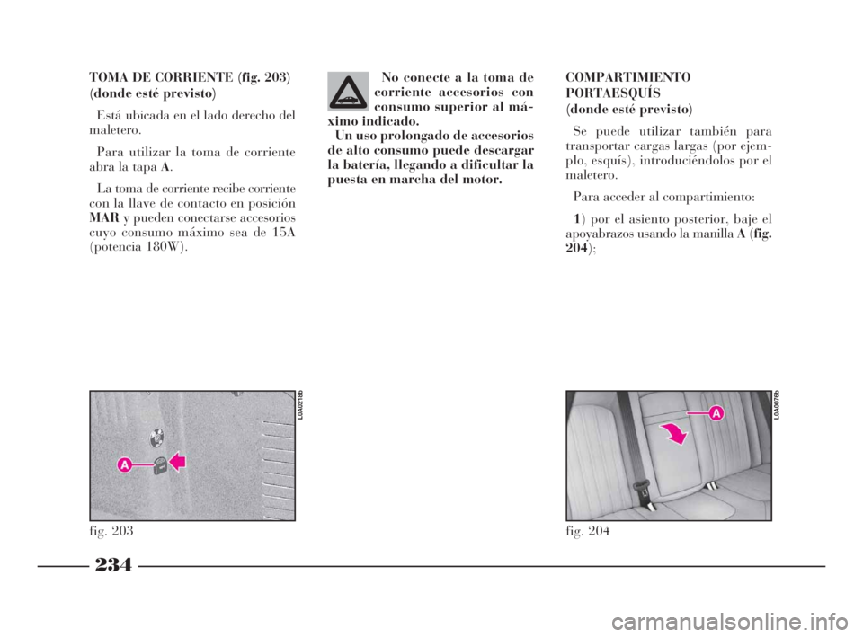 Lancia Thesis 2009  Manual de Empleo y Cuidado (in Spanish) 234
TOMA DE CORRIENTE (fig. 203)
(donde esté previsto)
Está ubicada en el lado derecho del
maletero.
Para utilizar la toma de corriente
abra la tapa A.
La toma de corriente recibe corriente
con la l