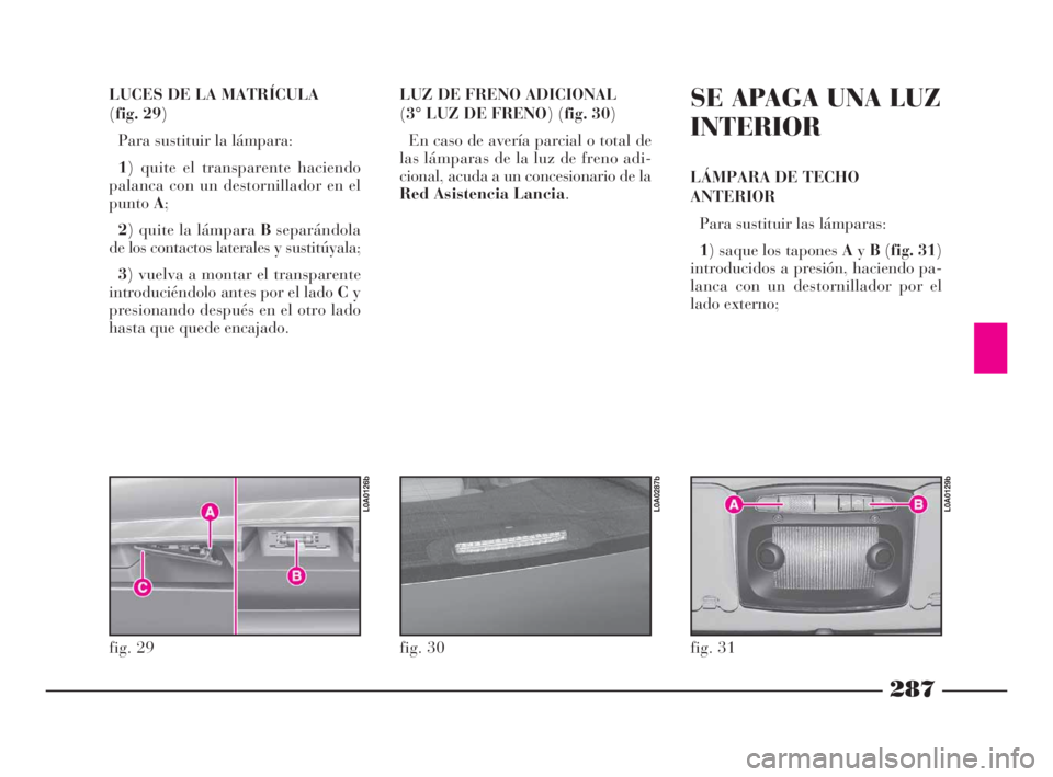 Lancia Thesis 2009 Manual de Empleo y Cuidado (in Spanish) 287
LUCES DE LA MATRÍCULA
(fig. 29)
Para sustituir la lámpara:
1) quite el transparente haciendo
palanca con un destornillador en el
puntoA;
2) quite la lámpara Bseparándola
de los contactos late Lancia Thesis 2009 Manual de Empleo y Cuidado (in Spanish) 287
LUCES DE LA MATRÍCULA
(fig. 29)
Para sustituir la lámpara:
1) quite el transparente haciendo
palanca con un destornillador en el
puntoA;
2) quite la lámpara Bseparándola
de los contactos late