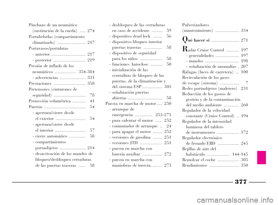 Lancia Thesis 2009  Manual de Empleo y Cuidado (in Spanish) 377
Pinchazo de un neumático
(sustitución de la rueda)  ..... 274
Portabebidas (compartimiento
climatizado) ........................ 217
Portavasos/portalatas
- anterior ............................