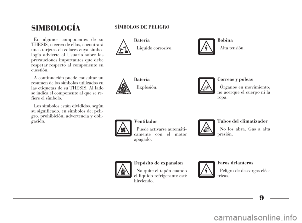 Lancia Thesis 2009  Manual de Empleo y Cuidado (in Spanish) 9
Batería
Líquido corrosivo.
SIMBOLOGÍA
En algunos componentes de su
THESIS, o cerca de ellos, encontrará
unas tarjetas de colores cuya simbo-
logía advierte al Usuario sobre las
precauciones imp