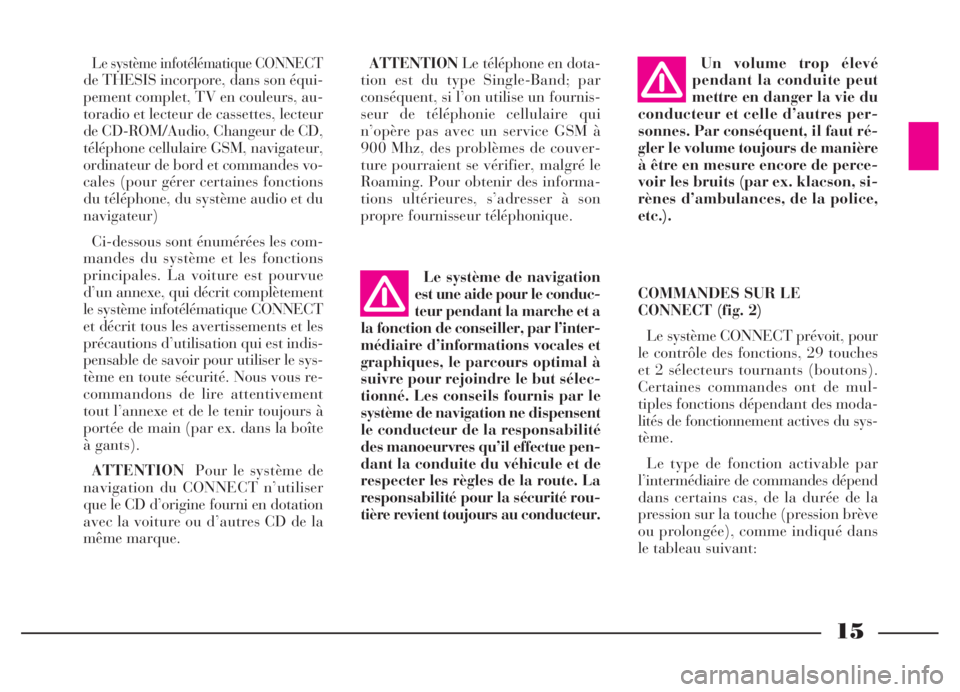 Lancia Thesis 2007  Notice dentretien (in French) 15
Le système infotélématique CONNECT
de THESIS incorpore, dans son équi-
pement complet, TV en couleurs, au-
toradio et lecteur de cassettes, lecteur
de CD-ROM/Audio, Changeur de CD,
téléphone 
