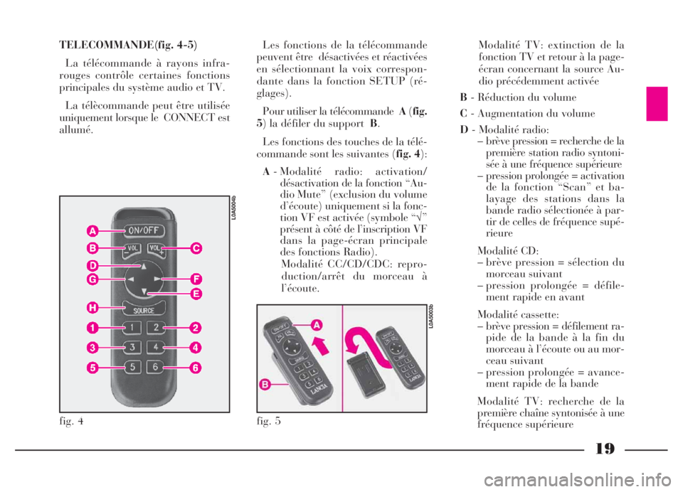 Lancia Thesis 2007  Notice dentretien (in French) 19
TELECOMMANDE(fig. 4-5)
La télécommande à rayons infra-
rouges contrôle certaines fonctions
principales du système audio et TV.
La télècommande peut être utilisée
uniquement lorsque le  CON