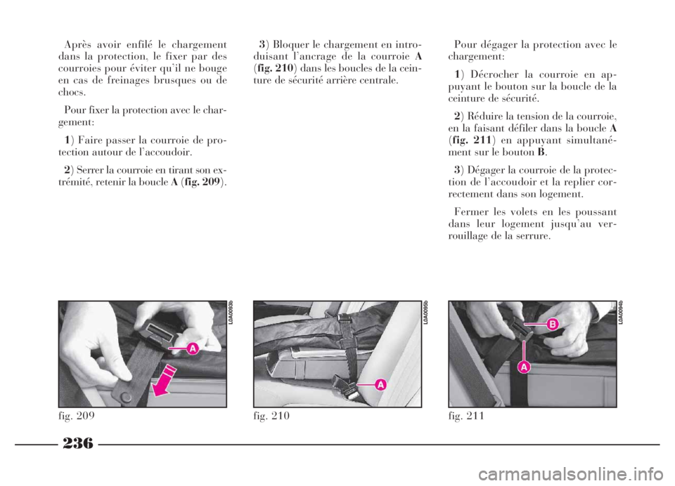 Lancia Thesis 2006  Notice dentretien (in French) 236
fig. 211
L0A0094b
Après avoir enfilé le chargement
dans la protection, le fixer par des
courroies pour éviter qu’il ne bouge
en cas de freinages brusques ou de
chocs.
Pour fixer la protection