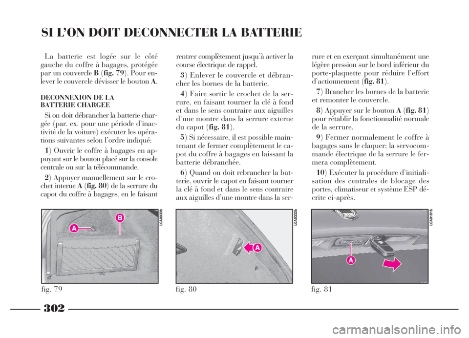 Lancia Thesis 2006  Notice dentretien (in French) 302
SI L’ON DOIT DECONNECTER LA BATTERIE
La batterie est logée sur le côté
gauche du coffre à bagages, protégée
par un couvercleB(fig. 79). Pour en-
lever le couvercle dévisser le bouton A.
D
