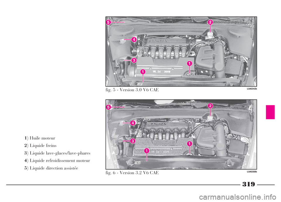 Lancia Thesis 2006  Notice dentretien (in French) 319
1) Huile moteur 
2) Liquide freins 
3) Liquide lave-glaces/lave-phares 
4) Liquide refroidissement moteur
5) Liquide direction assistée
L0A0342b
L0A0358b
fig. 5 - Version 3.0 V6 CAE
fig. 6 - Vers