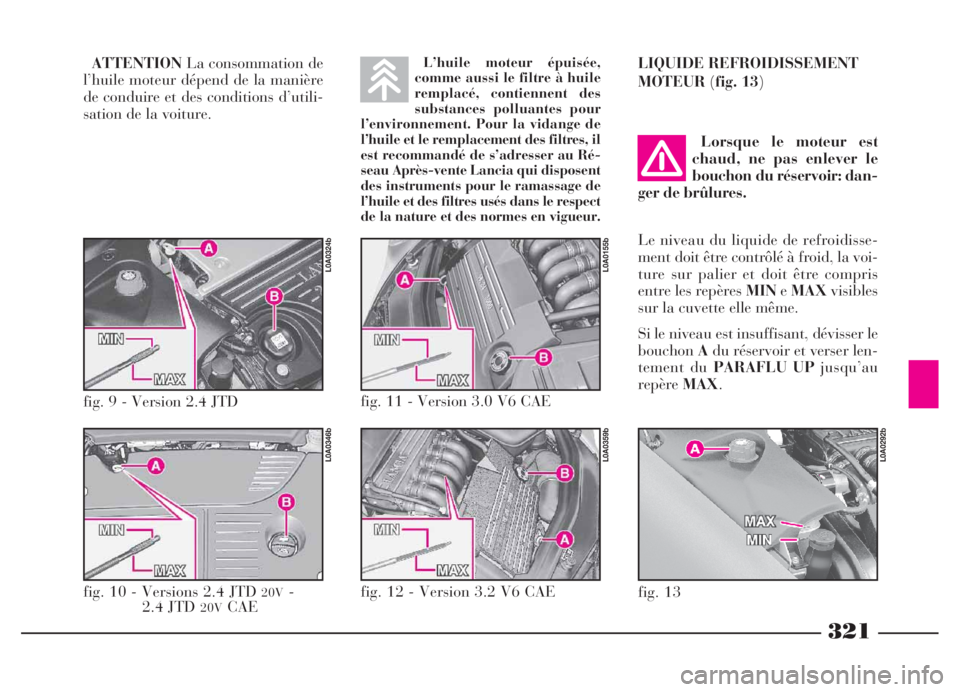 Lancia Thesis 2006  Notice dentretien (in French) 321
ATTENTIONLa consommation de
l’huile moteur dépend de la manière
de conduire et des conditions d’utili-
sation de la voiture.L’huile moteur épuisée,
comme aussi le filtre à huile
remplac