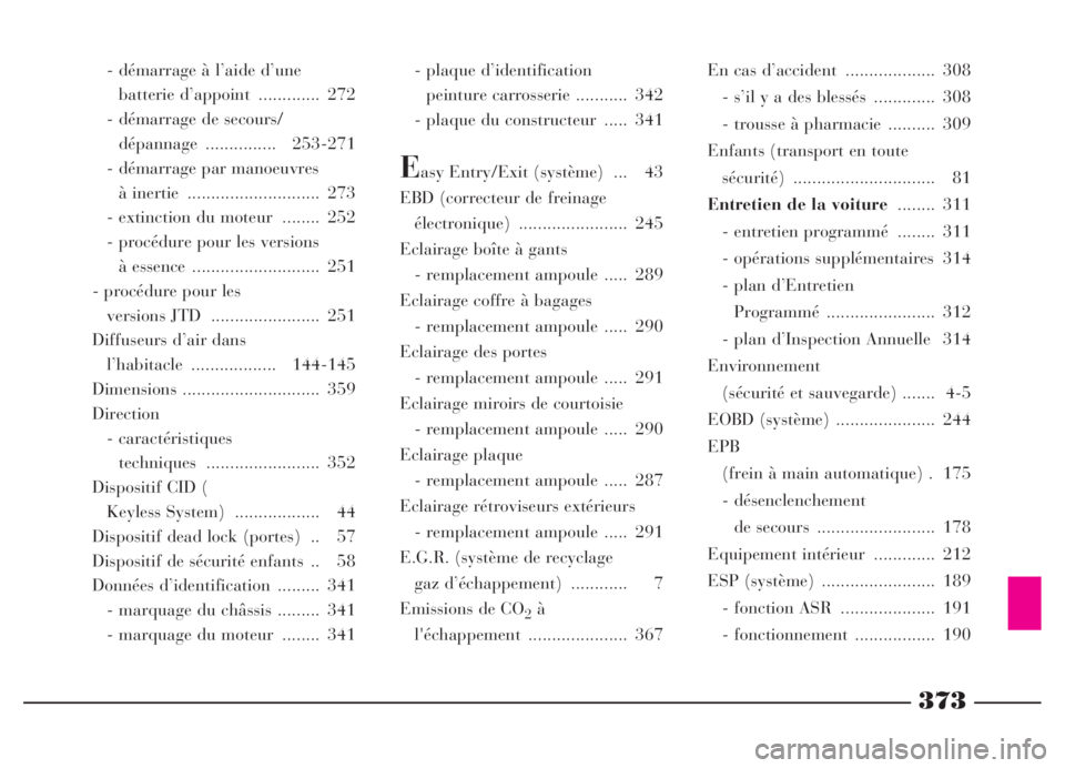 Lancia Thesis 2006  Notice dentretien (in French) 373
- démarrage à l’aide d’une 
batterie d’appoint  ............. 272
- démarrage de secours/
dépannage ............... 253-271
- démarrage par manoeuvres 
à inertie  .....................