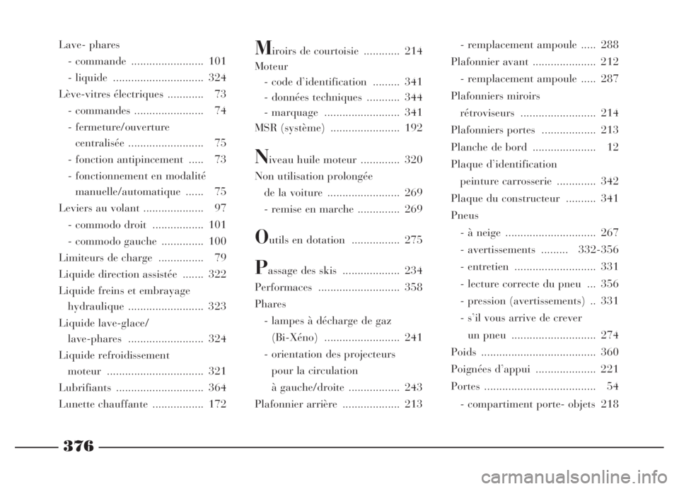 Lancia Thesis 2006  Notice dentretien (in French) 376
Lave- phares
- commande  ........................ 101
- liquide  .............................. 324
Lève-vitres électriques ............ 73
- commandes ....................... 74
- fermeture/ouv