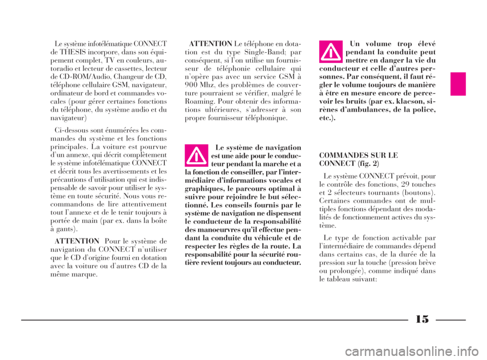 Lancia Thesis 2008  Notice dentretien (in French) 15
Le système infotélématique CONNECT
de THESIS incorpore, dans son équi-
pement complet, TV en couleurs, au-
toradio et lecteur de cassettes, lecteur
de CD-ROM/Audio, Changeur de CD,
téléphone 