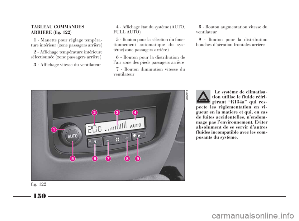 Lancia Thesis 2008  Notice dentretien (in French) 150
Le système de climatisa-
tion utilise le fluide réfri-
gérant “R134a” qui res-
pecte les règlementation en vi-
gueur en la matière et qui, en cas
de fuites accidentelles, n’endom-
mage 