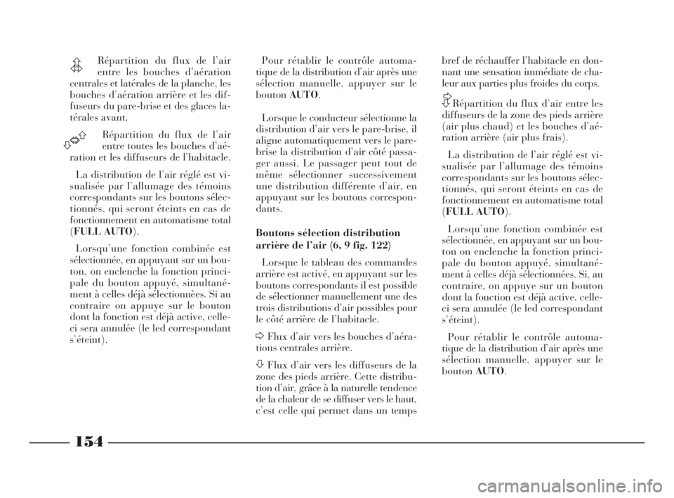 Lancia Thesis 2008  Notice dentretien (in French) 154
Répartition du flux de l’air
entre les bouches d’aération
centrales et latérales de la planche, les
bouches d’aération arrière et les dif-
fuseurs du pare-brise et des glaces la-
téral