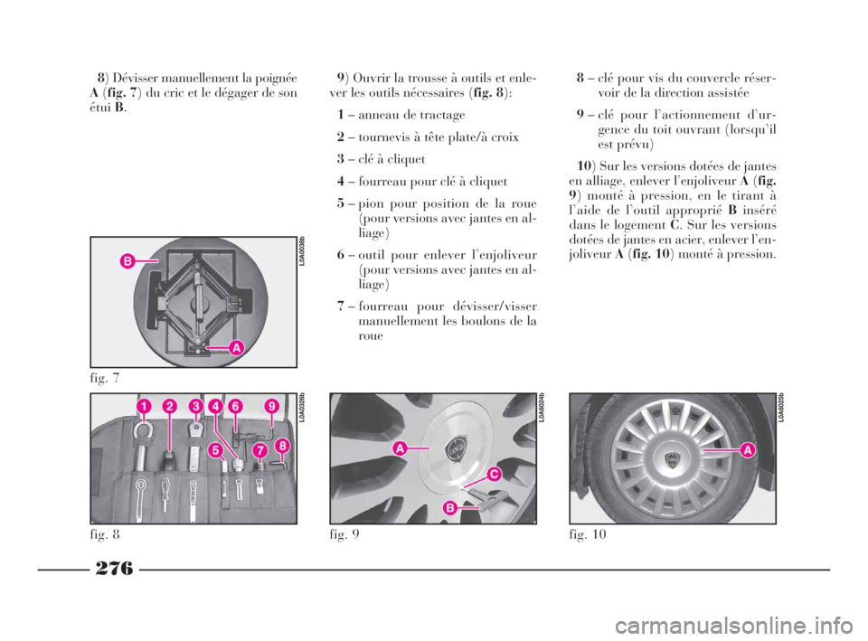 Lancia Thesis 2008 Notice dentretien (in French) 276
8) Dévisser manuellement la poignée
A(fig. 7) du cric et le dégager de son
étuiB.9) Ouvrir la trousse à outils et enle-
ver les outils nécessaires (fig. 8):
1– anneau de tractage
2– tou Lancia Thesis 2008 Notice dentretien (in French) 276
8) Dévisser manuellement la poignée
A(fig. 7) du cric et le dégager de son
étuiB.9) Ouvrir la trousse à outils et enle-
ver les outils nécessaires (fig. 8):
1– anneau de tractage
2– tou