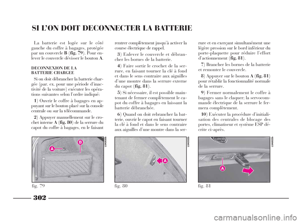 Lancia Thesis 2008 Notice dentretien (in French) 302
SI L’ON DOIT DECONNECTER LA BATTERIE
La batterie est logée sur le côté
gauche du coffre à bagages, protégée
par un couvercleB(fig. 79). Pour en-
lever le couvercle dévisser le bouton A.
D Lancia Thesis 2008 Notice dentretien (in French) 302
SI L’ON DOIT DECONNECTER LA BATTERIE
La batterie est logée sur le côté
gauche du coffre à bagages, protégée
par un couvercleB(fig. 79). Pour en-
lever le couvercle dévisser le bouton A.
D