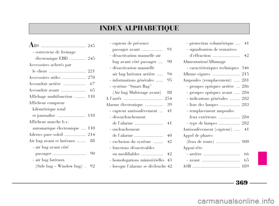 Lancia Thesis 2008  Notice dentretien (in French) 369
INDEX ALPHABETIQUE
ABS ...................................... 245
- correcteur de freinage 
électronique EBD  .............. 245
Accessoires achetés par 
le client  .............................