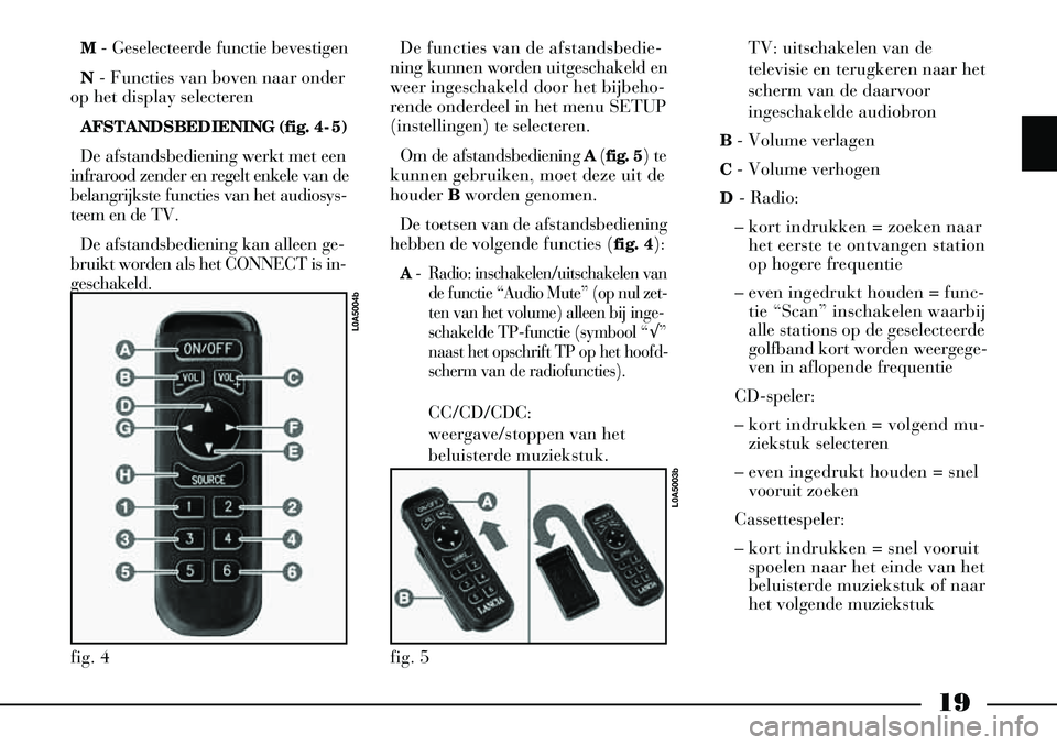 Lancia Thesis 2007  Instructieboek (in Dutch) 19
M- Geselecteerde functie bevestigen
N - Functies van boven naar onder
op het display selecteren
AFSTANDSBEDIENING (fig. 4-5)
De afstandsbediening werkt met een
infrarood zender en regelt enkele van