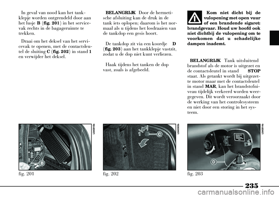 Lancia Thesis 2007  Instructieboek (in Dutch) 235
In geval van nood kan het tank-
klepje worden ontgrendeld door aan
het lusje  B(fig. 201) in het service-
vak rechts in de bagageruimte te
trekken. 
Draai om het deksel van het servi-
cevak te ope