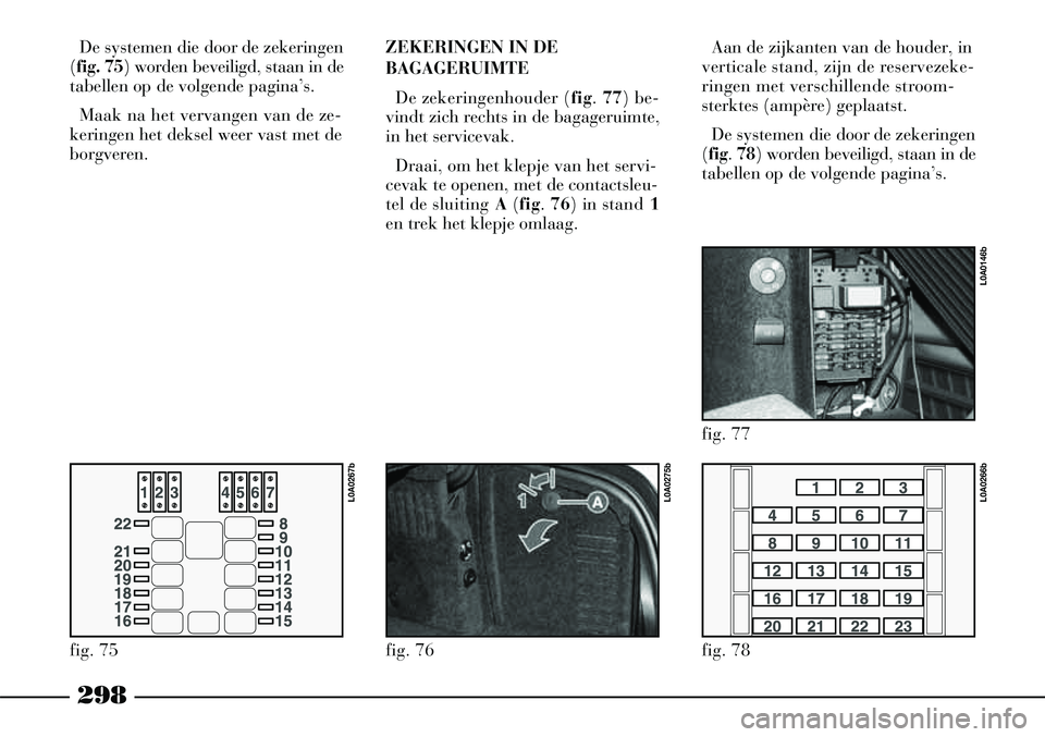Lancia Thesis 2006  Instructieboek (in Dutch) 298
De systemen die door de zekeringen 
( fig. 75) worden beveiligd, staan in de
tabellen op de volgende pagina’s.
Maak na het vervangen van de ze-
keringen het deksel weer vast met de
borgveren. ZE