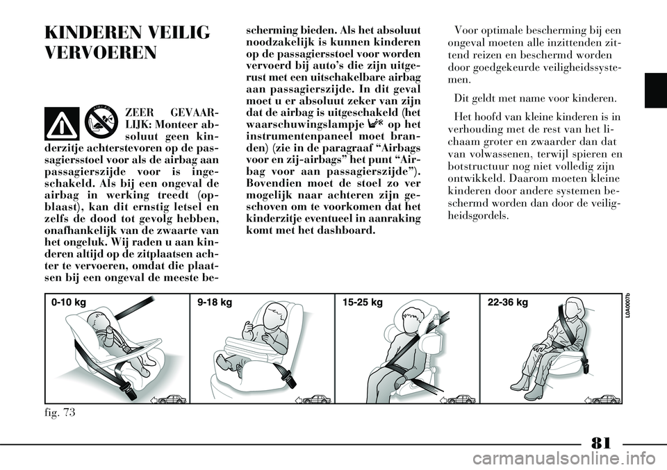 Lancia Thesis 2009  Instructieboek (in Dutch) 81
KINDEREN VEILIG 
VERVOERENscherming bieden. Als het absoluut
noodzakelijk is kunnen kinderen
op de passagiersstoel voor worden
vervoerd bij auto’s die zijn uitge-
rust met een uitschakelbare airb