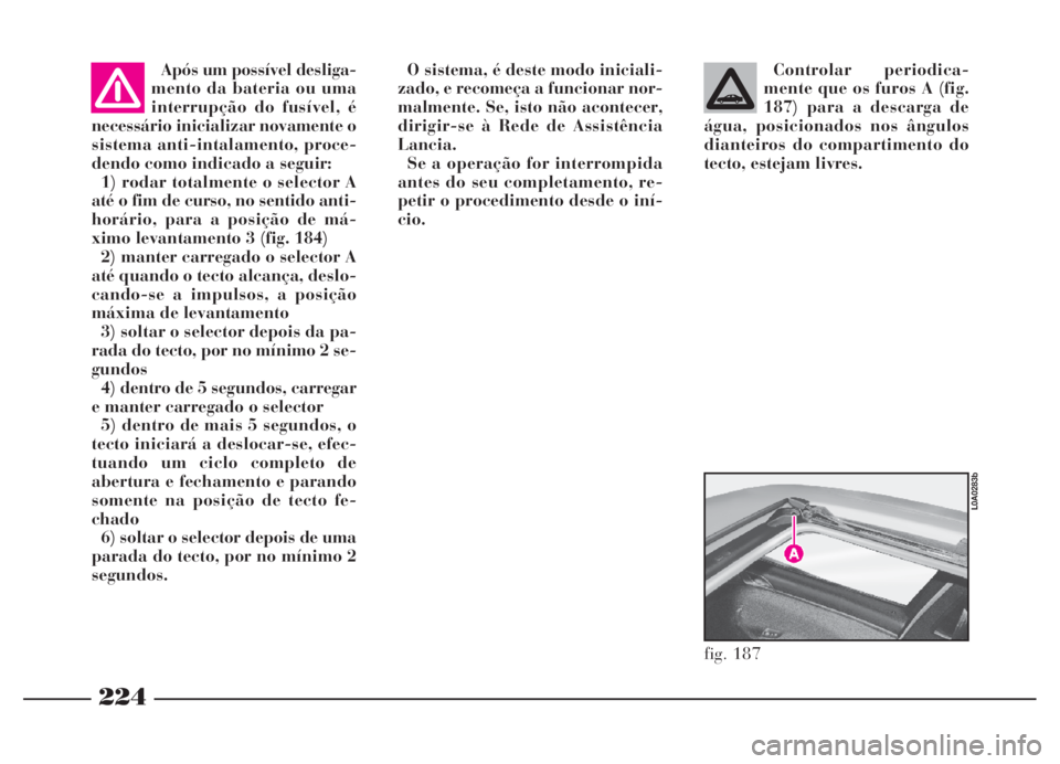 Lancia Thesis 2007 Manual de Uso e Manutenção (in Portuguese) 224
Após um possível desliga-
mento da bateria ou uma
interrupção do fusível, é
necessário inicializar novamente o
sistema anti-intalamento, proce-
dendo como indicado a seguir:
1) rodar totalm Lancia Thesis 2007 Manual de Uso e Manutenção (in Portuguese) 224
Após um possível desliga-
mento da bateria ou uma
interrupção do fusível, é
necessário inicializar novamente o
sistema anti-intalamento, proce-
dendo como indicado a seguir:
1) rodar totalm