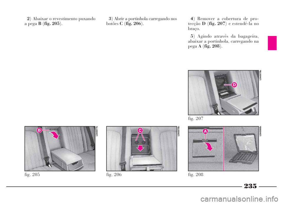 Lancia Thesis 2007 Manual de Uso e Manutenção (in Portuguese) 235
2) Abaixar o revestimento puxando
a pega B(fig. 205).3) Abrir a portinhola carregando nos
botõesC(fig. 206).4) Remover a cobertura de pro-
tecçãoD(fig. 207) e estendé-la no
braço.
5) Agindo a Lancia Thesis 2007 Manual de Uso e Manutenção (in Portuguese) 235
2) Abaixar o revestimento puxando
a pega B(fig. 205).3) Abrir a portinhola carregando nos
botõesC(fig. 206).4) Remover a cobertura de pro-
tecçãoD(fig. 207) e estendé-la no
braço.
5) Agindo a