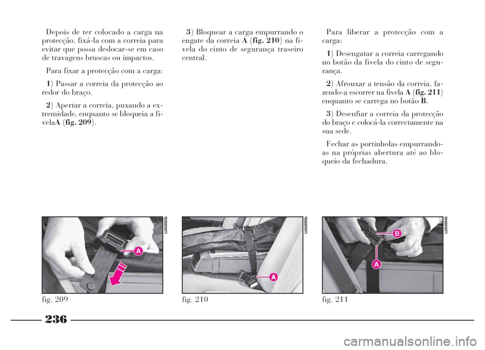 Lancia Thesis 2007 Manual de Uso e Manutenção (in Portuguese) 236
fig. 211
L0A0094b
Depois de ter colocado a carga na
protecção, fixá-la com a correia para
evitar que possa deslocar-se em caso
de travagens bruscas ou impactos.
Para fixar a protecção com a c Lancia Thesis 2007 Manual de Uso e Manutenção (in Portuguese) 236
fig. 211
L0A0094b
Depois de ter colocado a carga na
protecção, fixá-la com a correia para
evitar que possa deslocar-se em caso
de travagens bruscas ou impactos.
Para fixar a protecção com a c