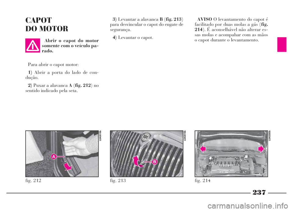 Lancia Thesis 2007 Manual de Uso e Manutenção (in Portuguese) 237
CAPOT
DO MOTOR
Abrir o capot do motor
somente com o veículo pa-
rado.
Para abrir o capot motor:
1)Abrir a porta do lado de con-
dução.
2)Puxar a alavanca A(fig. 212) no
sentido indicado pela se Lancia Thesis 2007 Manual de Uso e Manutenção (in Portuguese) 237
CAPOT
DO MOTOR
Abrir o capot do motor
somente com o veículo pa-
rado.
Para abrir o capot motor:
1)Abrir a porta do lado de con-
dução.
2)Puxar a alavanca A(fig. 212) no
sentido indicado pela se
